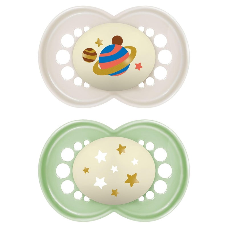 MAM Original Night Pacifiers, Binky Pacifier for 6-16 Months, BPA-Free Silicone, Glows in The Dark, Best for Newborn Babies, Developed with Medical Experts, 2 Count Binkies, with Sterilizer Case - Image 1